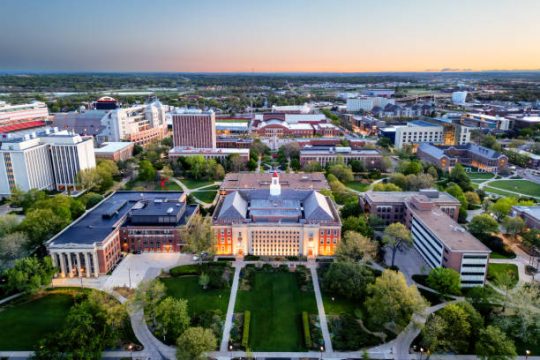 Lincoln, Nebraska, USA cityscape overlooking University of Nebraska at twilight.