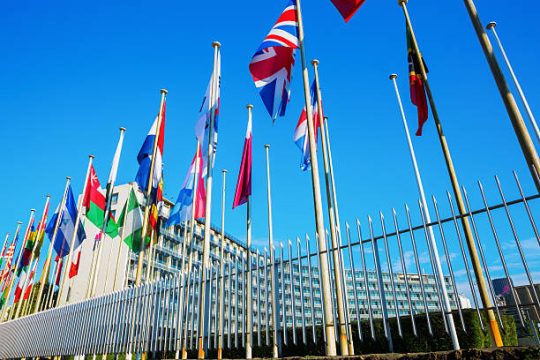 world flags in front of UNESCO headquarters in Paris, France